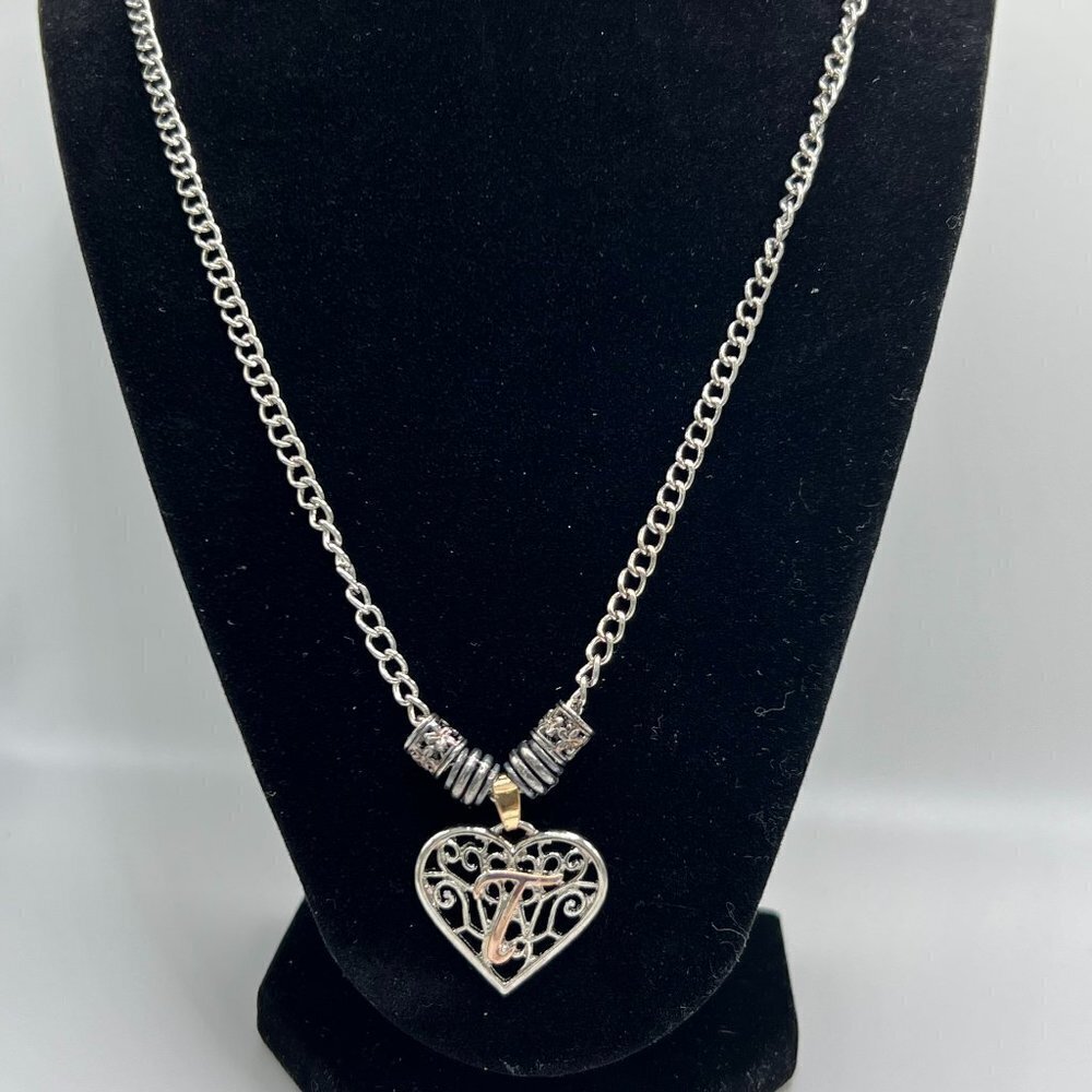 Cute Heart Necklace with  Initials T Silver and Bronze